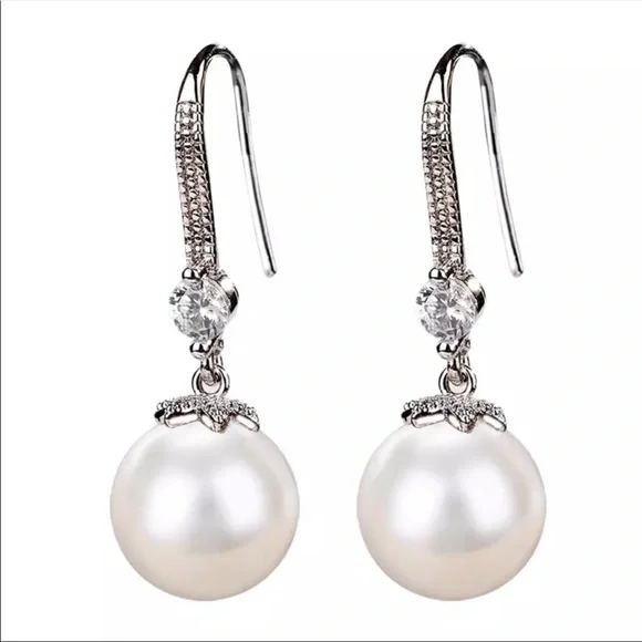 New 925 Silver Elegant Pearl Dangle Womens Earrings - Picture 4 of 4